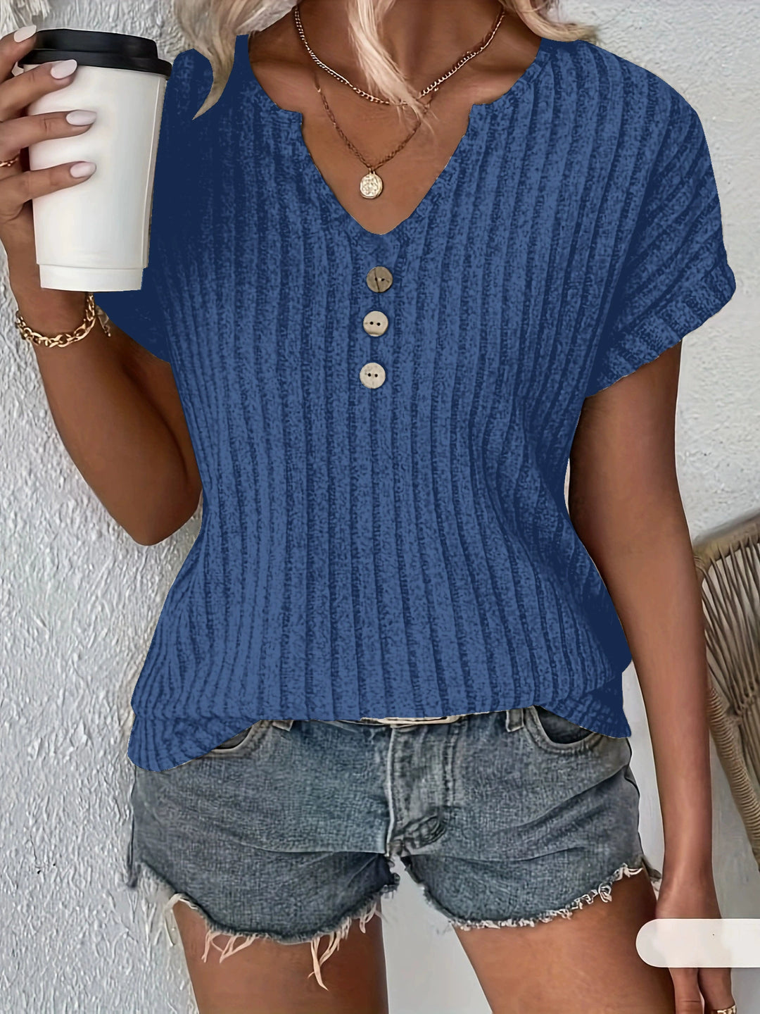 Emily Ribbed Button Tee
