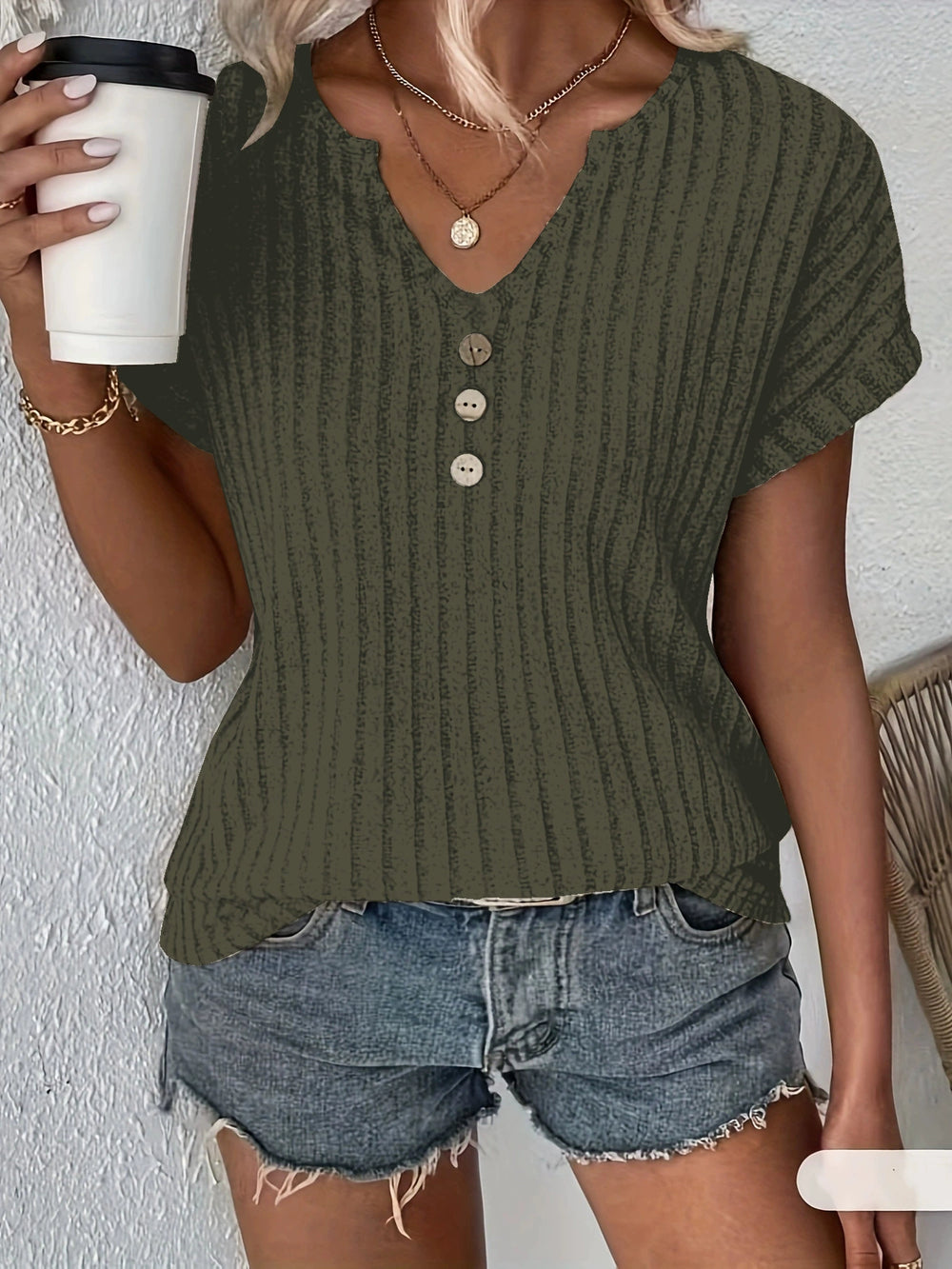 Emily Ribbed Button Tee