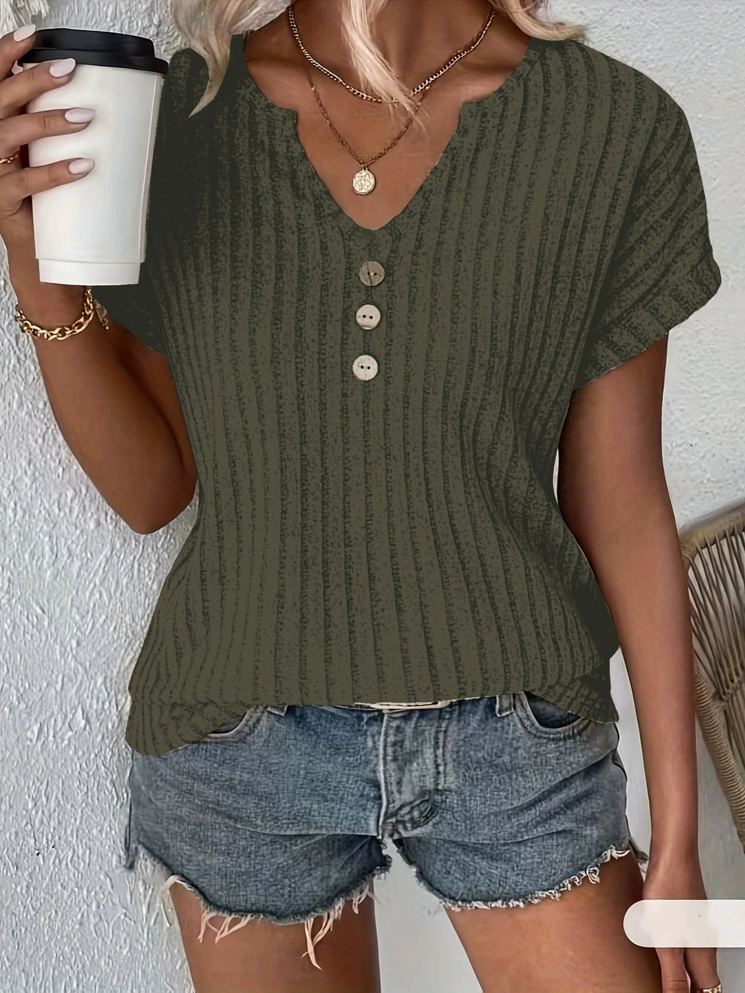 Emily Ribbed Button Tee